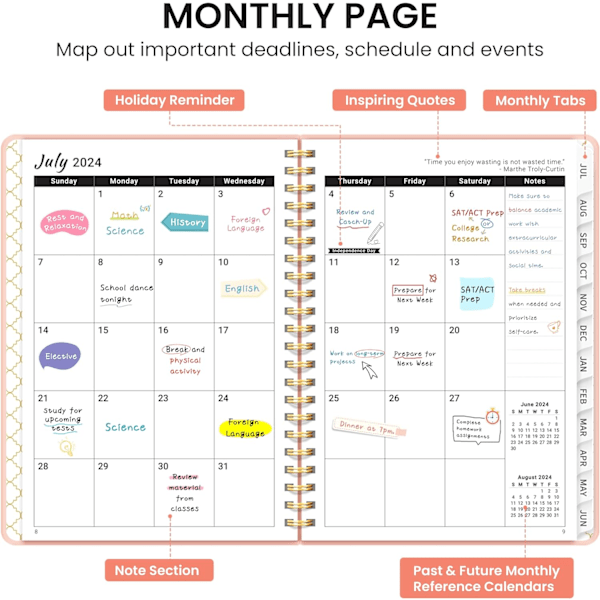 Akademisk Planlægger 2024-2025 - Månedlig og Ugentlig Kalender, A5, Juli 2024-Juni 2025, Perfekt til Kontorforsyninger, Pink