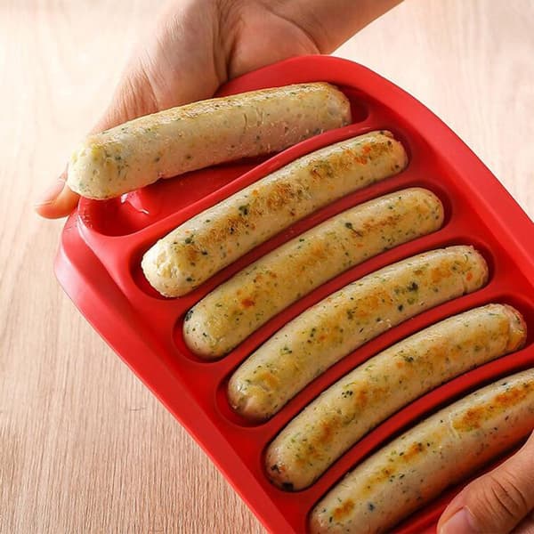 6-i-1 silikone pølseform, multifunktionel DIY bageform med låg, 17,5×13,5×3,2cm, rød.