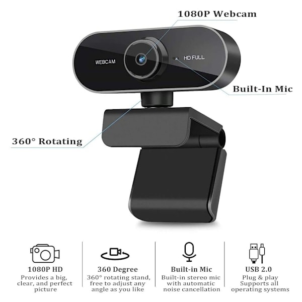 Webbkamera med mikrofon, Full HD 1080P webbkamera videokamera för