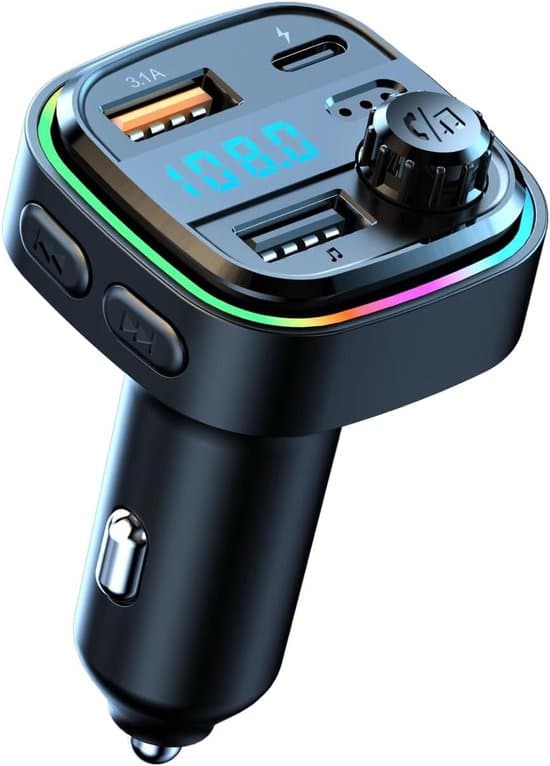 ING Bil Bluetooth FM-sender – dobbel USB-C (5V/3.1A) og USB-B (12V-24V) lader, MP3-spiller, kompatibel med iOS og Android.