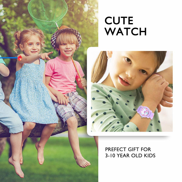 Analog watch för barn, 30 M vattentät - 3D söt tecknad watch för tjejer med nylon Light purple