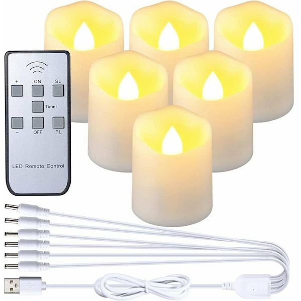 (c)Uppladdningsbara LED-lampor, 6-pack flamlösa ljus med fjärrkontroll flimrande ljus med USB-laddningskabel för Halloween-hem