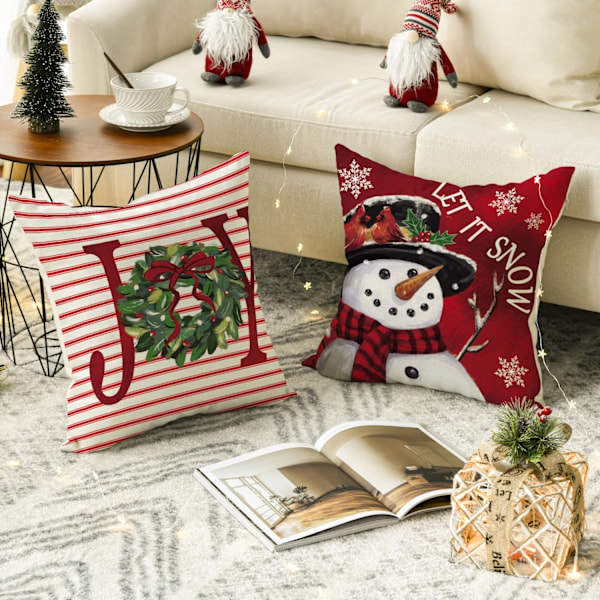 Sett med 4 Merry Christmas Putesett, Let It Snow Joy Stripes Gaveeske Rød, Julenisse Høytids Putetrekk Dekor for Sofa (18x18 tommer) Stripes