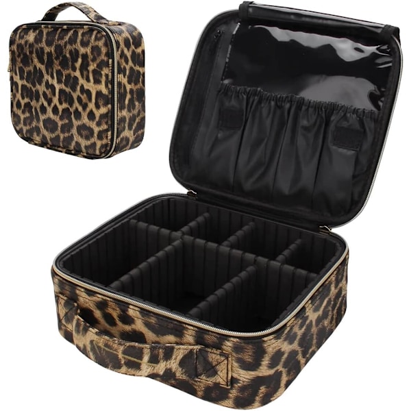Makeup rejseetui i PU-læder med leopardmønster, kosmetiktaske, organizeretui med justerbar