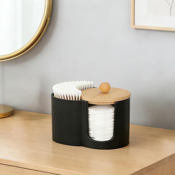 Bomullspinnehållare – Förvaringslåda – Bomullsrondellhållare – 10 × 7 × 6 cm – Bambu – Vit
