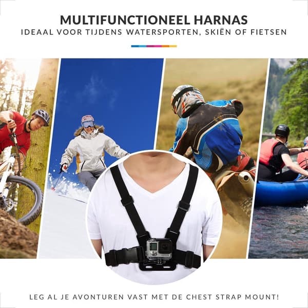Action Camera Bryststropp - 5-Dels Sett - Stativ - Stabiliserende Bryststropp - Universal Bryststropp - Svart