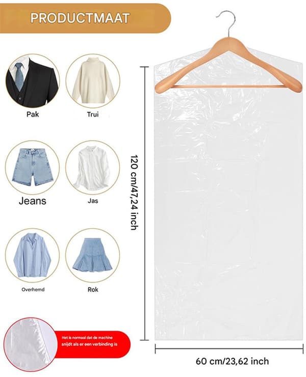 Läpinäkyvät vaatepussit - 20 kappaletta - 60x120 cm - pöly- ja kosteudenkestävät