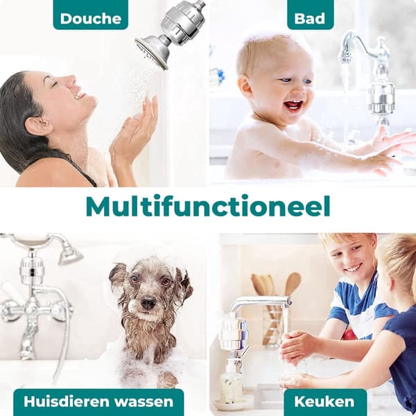 Universellt duschfilter med 15-stegs vattenrening – passar alla duschmunstycken.