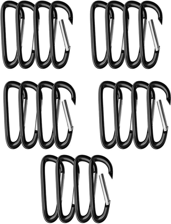 20-pack D-formade aluminiumkarbinhakar, 7,2×3,8×0,5 cm, för utomhuscamping, svart.