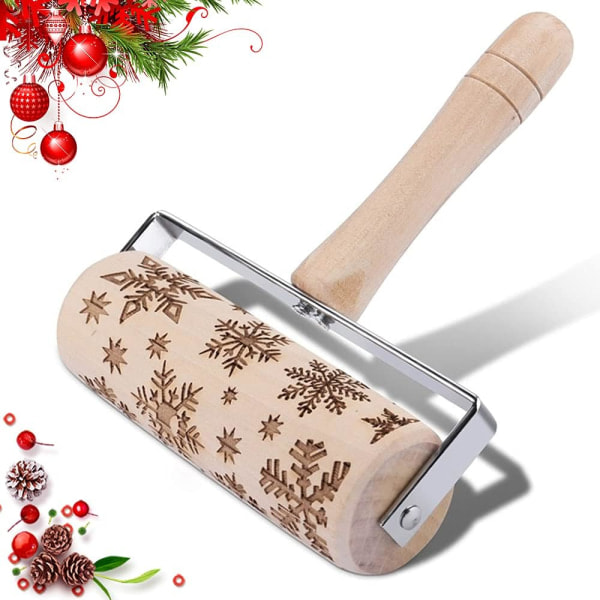 Embossed wooden Christmas rolling pin, hand carved wooden rolling pin