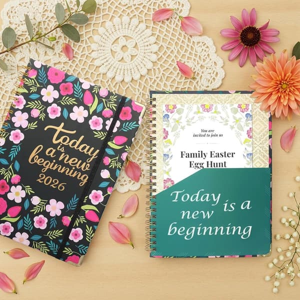 2026A5 Hardcover Planner, Dobbeltbundet, med bogmærker, 21.5×15.8×1.8cm, Lyserøde Blomster