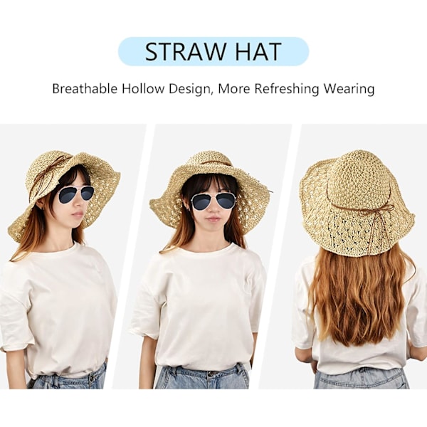 Vikbar solhatt dam anti-UV, damhatt strå Panama bred brätte, mode strand rosettdekoration