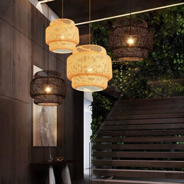 Retro Hängande Café Lampor Loft Japansk Stil Handvävd Bambu Vävd Lampskärm