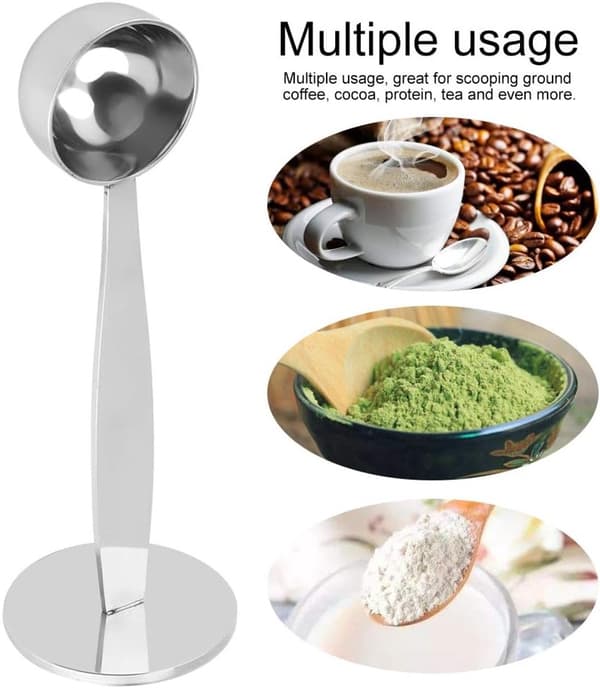 2-i-1 kaffestamper og måleske sæt, til stampning af kaffebønner, sølv.