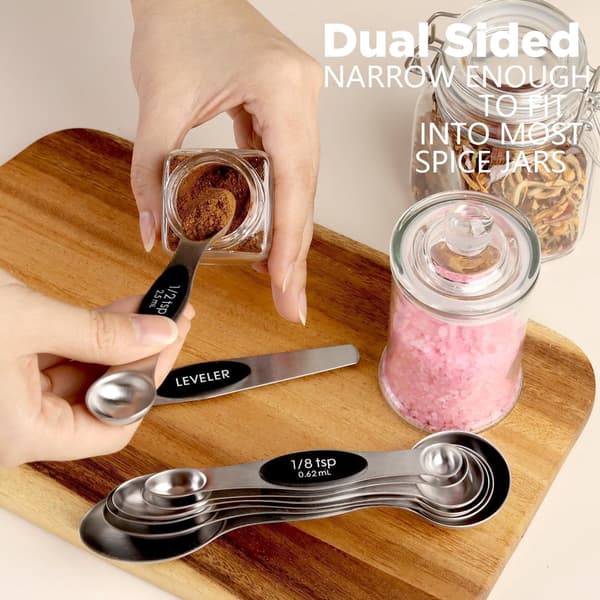 Magnetisk dobbeltsidig måleskje-sett i rustfritt stål (8 deler), stablebart, egnet for baking og matlaging, svart.