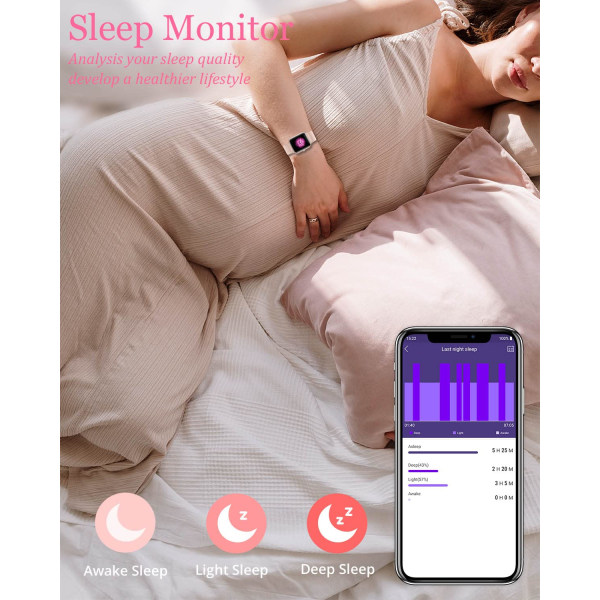 Smartklocka för dam/herr för Android/Ios med pulsmätare, sömnvakt, stoppur, musikkontroll, watch Pink