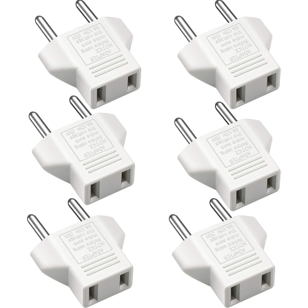 US til EU Adapter, [6 Pak] 2 Pins CN Kina US til 2 Pins EU