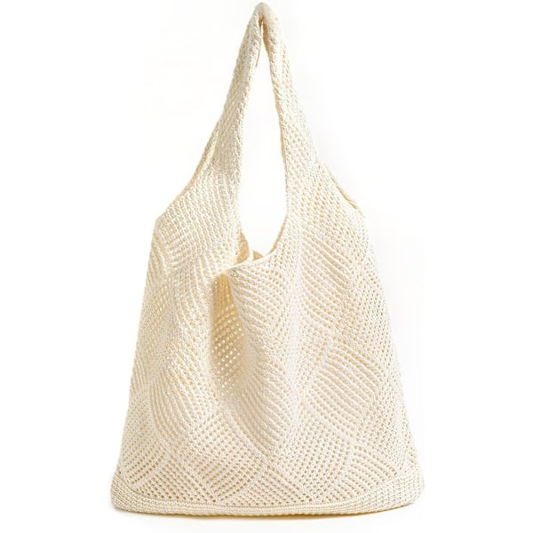 Dame Hæklet Mesh Strandtaske, Stor Sommer Skuldertaske, Strikket Indkøbstaske, Strandtaske, Beige