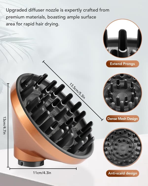 Dyson Airwrap Stor Diffuser, kompatibel med HS01/HS05/HS08, tørker raskt krøllete, tykt hår, kobberfarge.