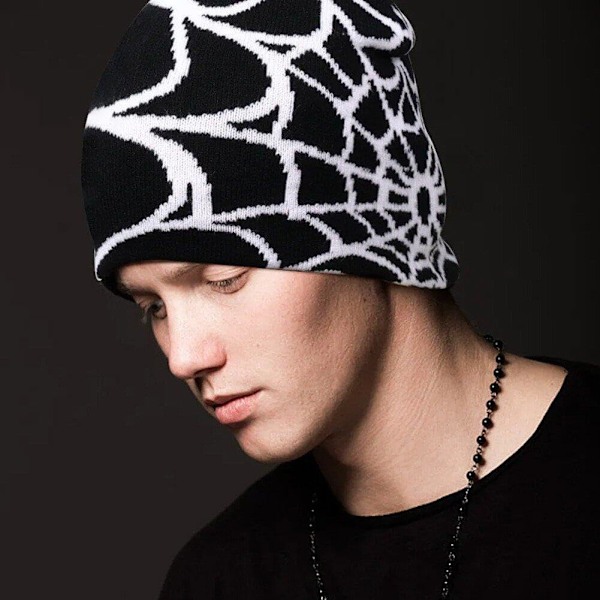 Spiderweb Cap Beanie Uldblendt Hætte Y2k Street Cap Vintervarm Hætte Mode Hip Hop Skull Cap Til Mænd Kvinder Sort Black
