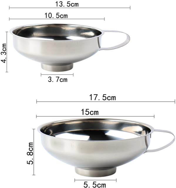 To-delt køkkentragtsæt i rustfrit stål, 3,6 cm/5,5 cm, til påfyldning af væsker og tørvarer, sølv.