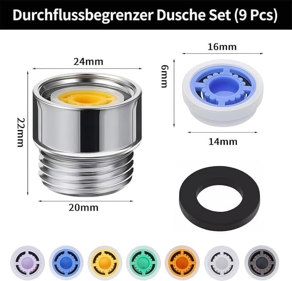 Dusjstrømbegrenser, 9-delt sett, G1/2-kobling, 4-12 liter per minutt