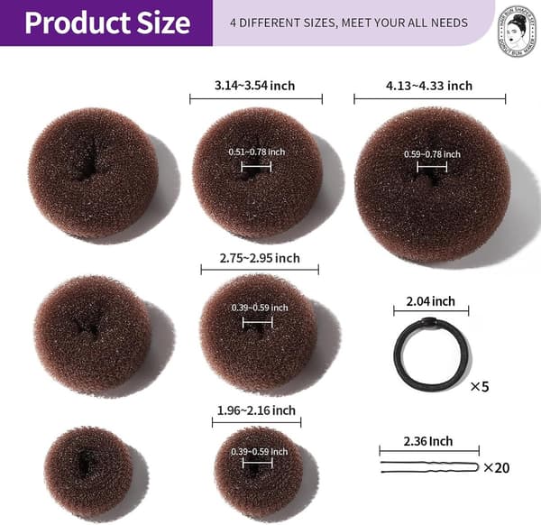 32-delars Donut Bun Maker Set, 7 Hårknutar (1 Extra Stor, 2 Extra Stora, 2 Medium, 2 Extra Stora), 5 Gummiband, 20 Hårnålar, Mörkbrun