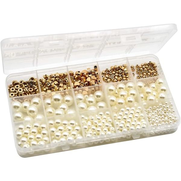 Perler til smykkefremstilling, perlefremsstillingskit, hvide perleperler og gyldne kugle-, hjerte-, stjerne- og flade afstandsperler DIY-fremstillingskit...