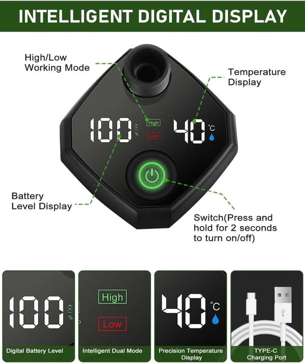 Utomhus campingduschpump, 6000mAh, IPX7 vattentät, med temperaturdisplay, grå.
