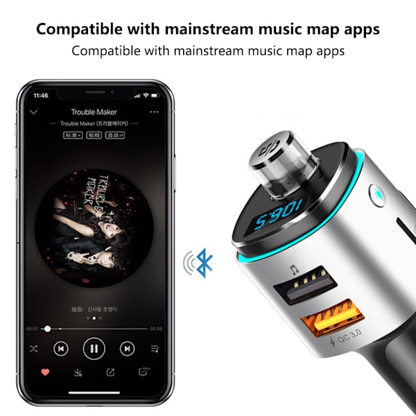 Bluetooth FM-sender til bil, 7-farvet LED-baggrundsbelysning, QC3.0 opladning, håndfri bilkit med FM-radio
