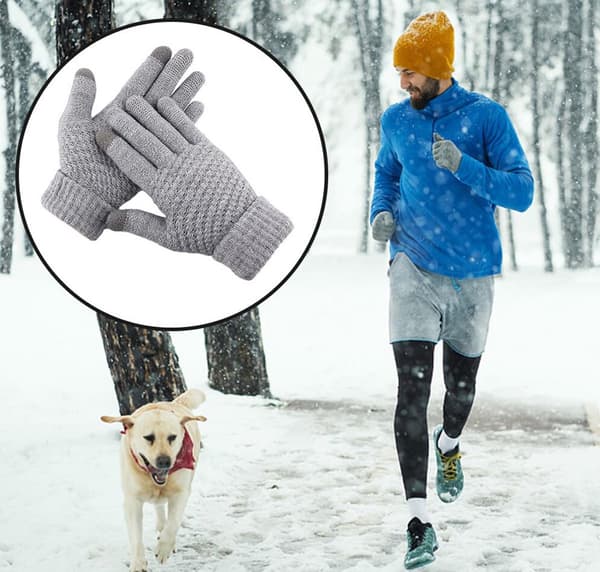 Vinter fuldfinger touchscreen strikhandsker (1 par), varme og vindtætte med elastiske manchetter, grå.