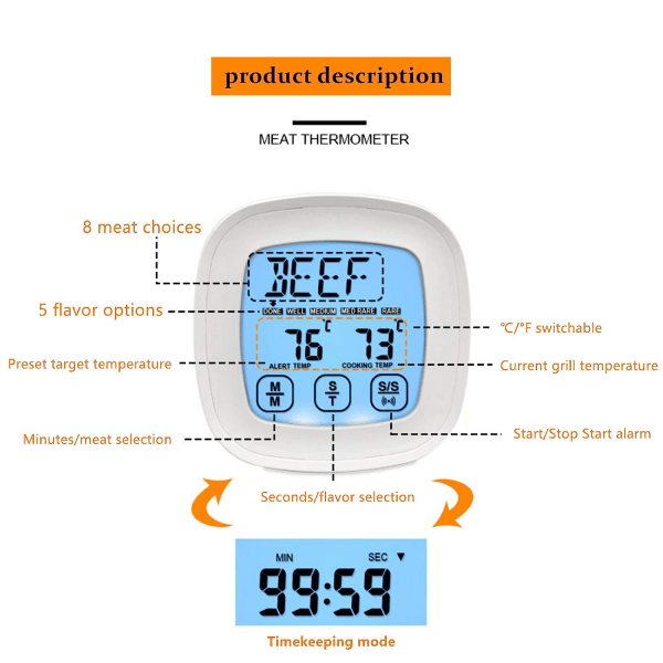 Berøringsfølsom Kødmåler - Digital BBQ Grill og Ovn Timer med Alarm - Præcisions Køkkenredskab