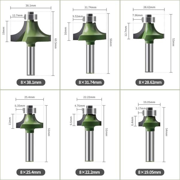 Trefresebits, profilfresebits, 6-delt sett 8 mm runde monteringsfresebits med hjul