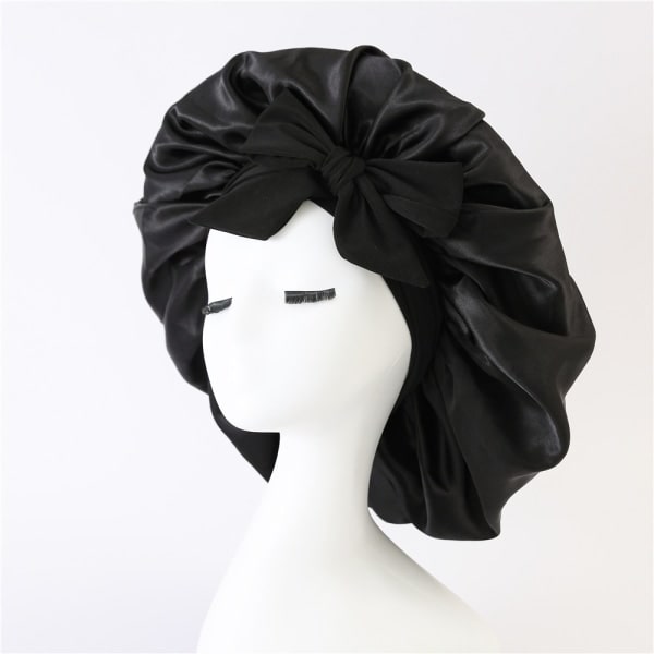 Satin Bonnet Siden Bonnet för Kvinnor, Hårslöja för Sovning, Jumbo Bonnet Satin Siden Bonnet, Justerbar Band Bonnet (Svart)