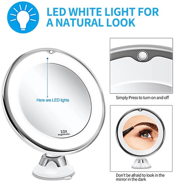 10x LED-sminkspegel med sugpropp, 1 st, badrum/sminkbord