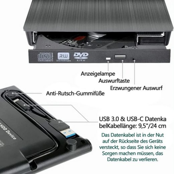 Extern CD DVD-enhet USB 3.0 Typ-C DVD-brännare (USB 3.0, USB Typ-C, DVD 8x/CD 24x, extern, för Windows XP, Mac OS, Mac)