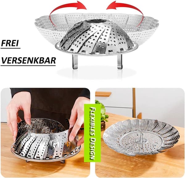 Utfällbart och hopfällbart ångställ i rostfritt stål, 24 cm i diameter, ångställ inuti grytan.