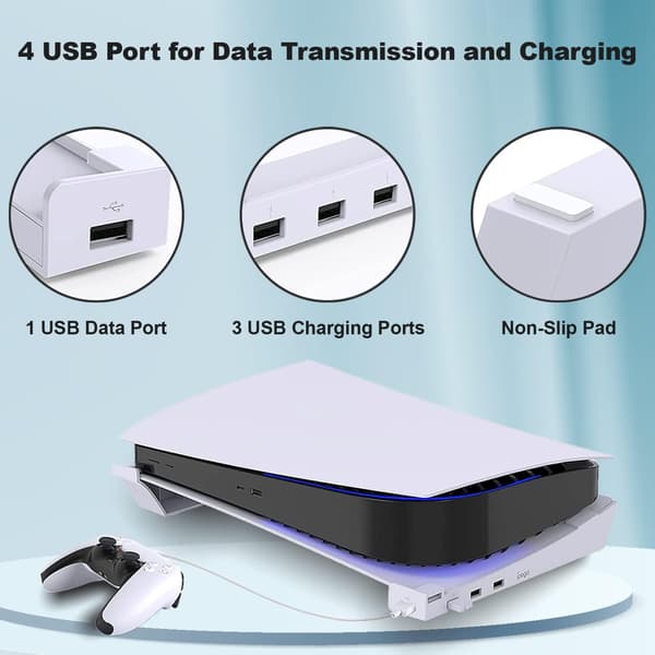 Horisontalt stativ til PS5, PS5-tilbehør basestativ med 4 USB