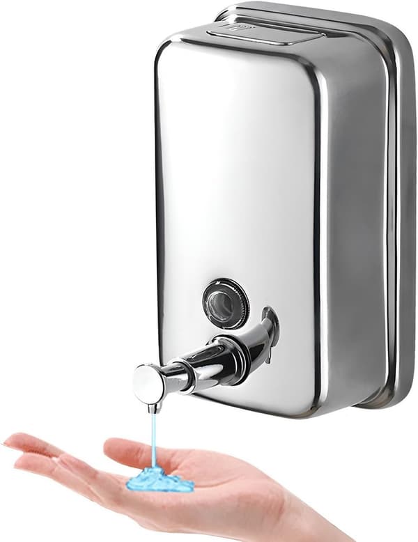 Vægmonteret sæbedispenser i rustfrit stål, 800 ml, velegnet til badeværelser og hoteller.