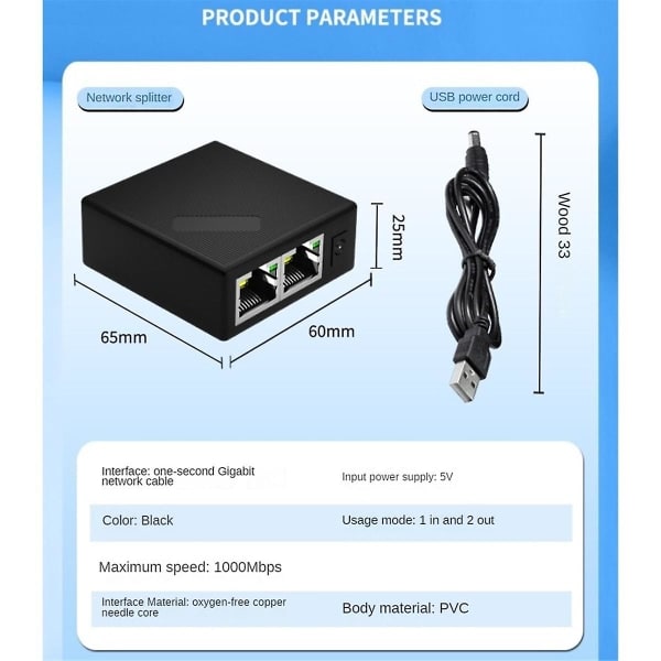 1 til 2 Ut 1000mbps RJ45 Nettverkskabelforlenger Gigabit Nettverksbryter Gigabit Splitter for PC Lapt([HK])