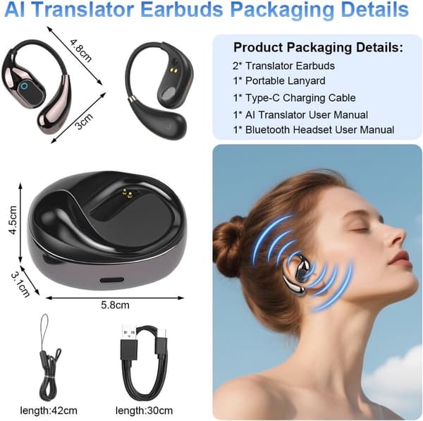 Bluetooth-översättningsheadset, Bluetooth 5.4 öppen baksida, stöder 144 språk, 25 timmars uppspelning, lämplig för resor och affärer.