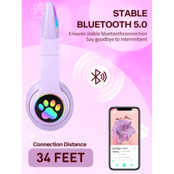 Flash Light Cute Cat Ears Langattomat Kuulokkeet Mikrofonilla, LED-Valoilla (Violetti)