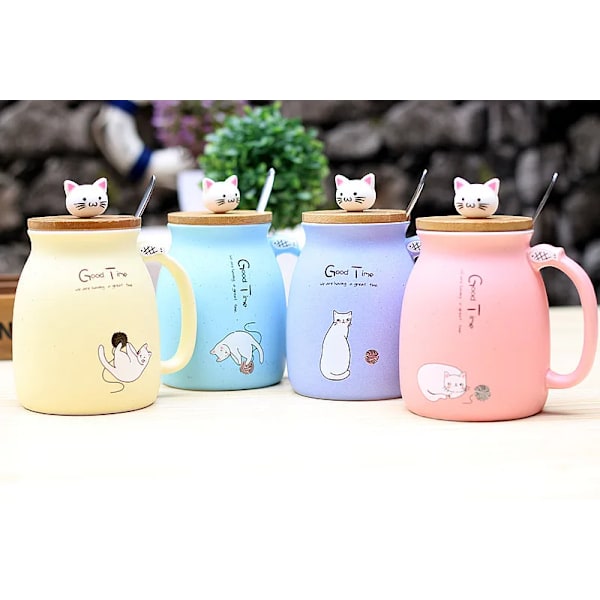 450ml Tecknad Keramisk Kattmugg med Lock och Sked Kaffe Mjölk Te