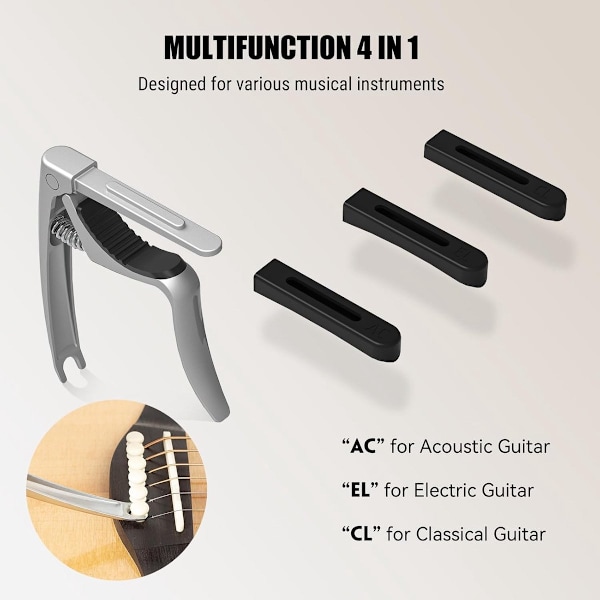 Gitarr Capo, 4-i-1 Gitarr Capo med Stallpinne Dragare, Capos för Gitarr Bas Ukulele Banjo Mandolin, 3 Silikonhuvuden, Gitarrtillbehör, Silver