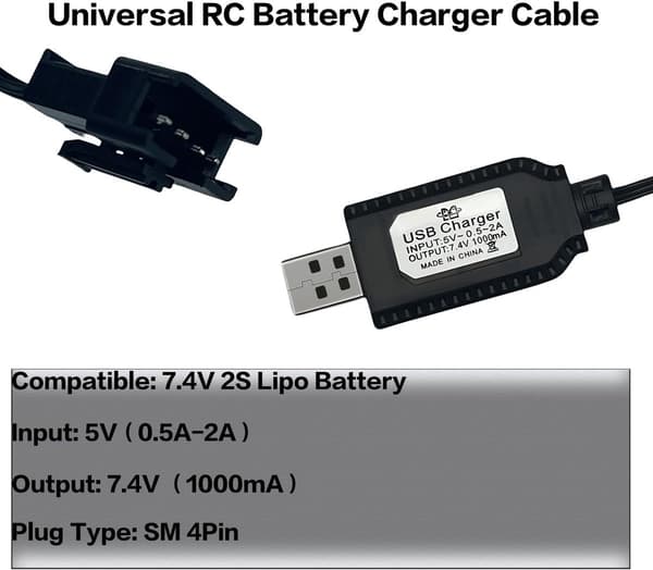 7,4V fjernkontroll batteriladekabel, SM-4PIN plugg