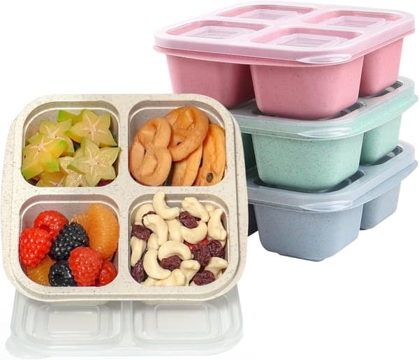 Bento-boks sæt med fire rum og sovsbeholder, velegnet til børn og voksne, perfekt til skole, arbejde og rejser.