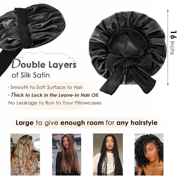 Satin Bonnet Siden Bonnet For Søvn Dobbeltlags Satinfôret Hårhette Med Bånd Bonnets For Kvinner Naturlig Krøllete Hår black