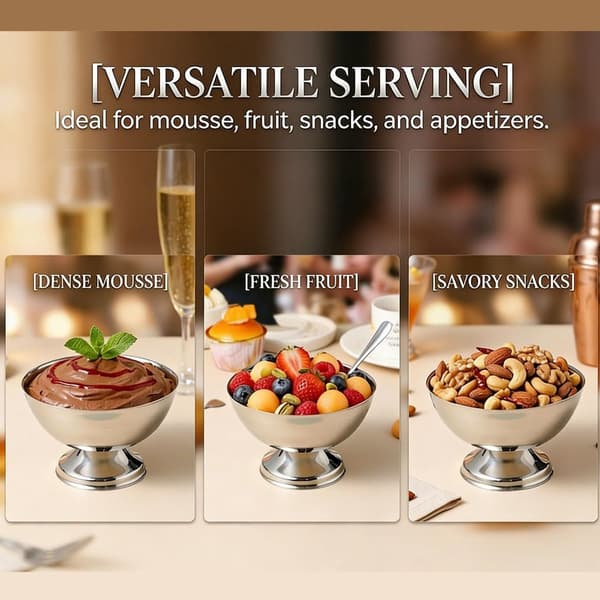 Todelt sett med is- og dessertskåler i rustfritt stål med base, for servering av puddingdesserter, sølv.