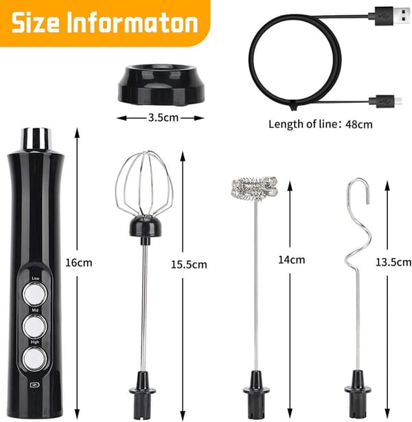 USB-sähkömaidonvaahdotin, 3 nopeusasetusta, 3 sekoituspäällä.