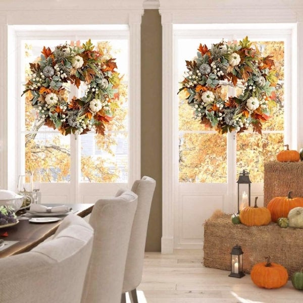 Efterårskrans til dør, efterårskrans rattanramme med græskar, bær, fyrrekogler og ahornblade til Halloween Thanksgiving 35 cm